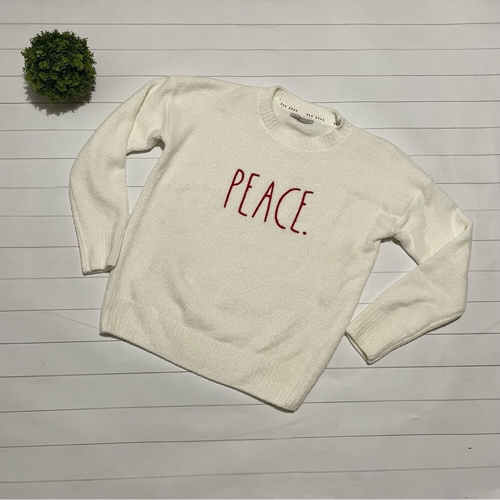 Rae Dunn Cream White Red Embroidered Peace Christmas Holiday Sweater Size Large